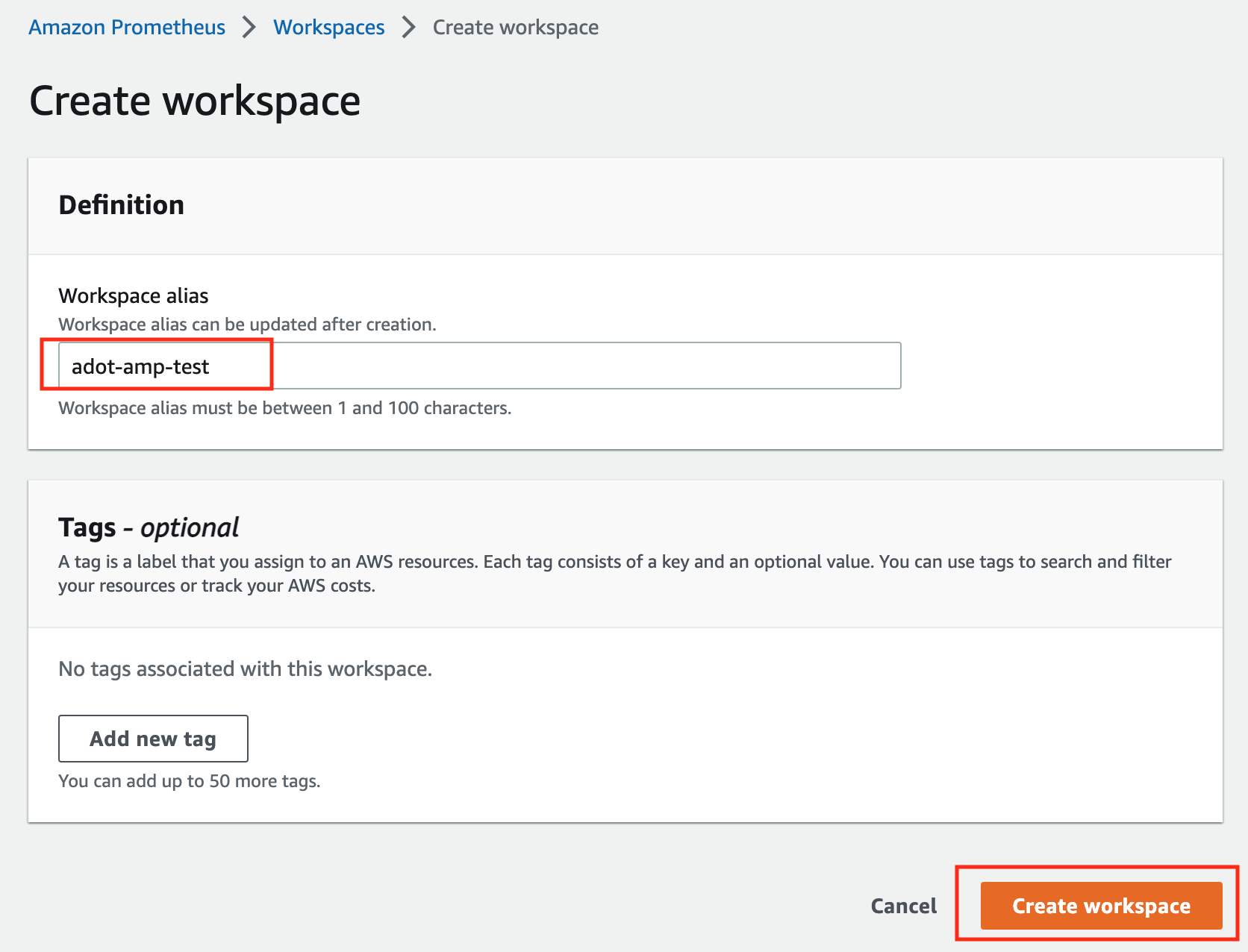 ADOT AMP Create Workspace